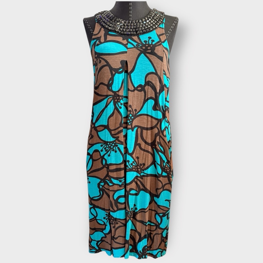 Cache Blue and Brown Sheath Dress Mock Neck Sleeveless